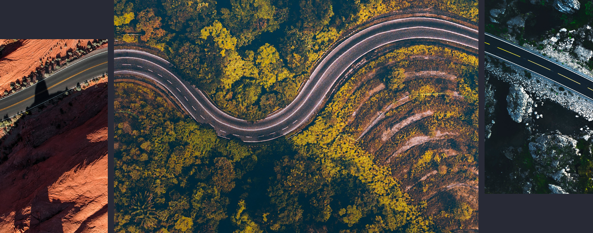 Winding road through different landscapes