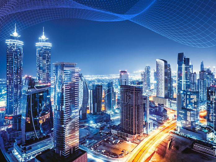 image of Dubai cityscape with blue weaving net above