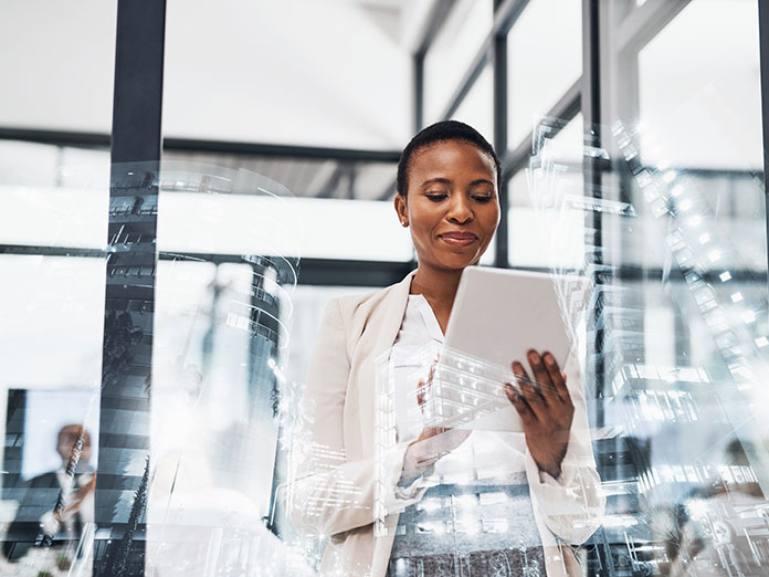 Woman looking at table with smile on face