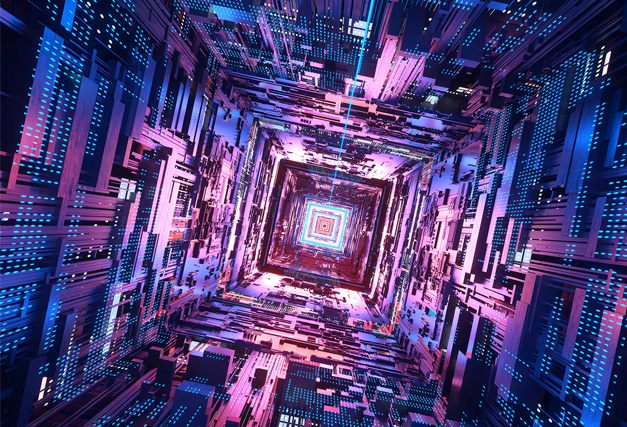 a picture of a vibrant, abstract, and futuristic tunnel-like structure dominated by shades of blue, purple, and pink, with hints of light