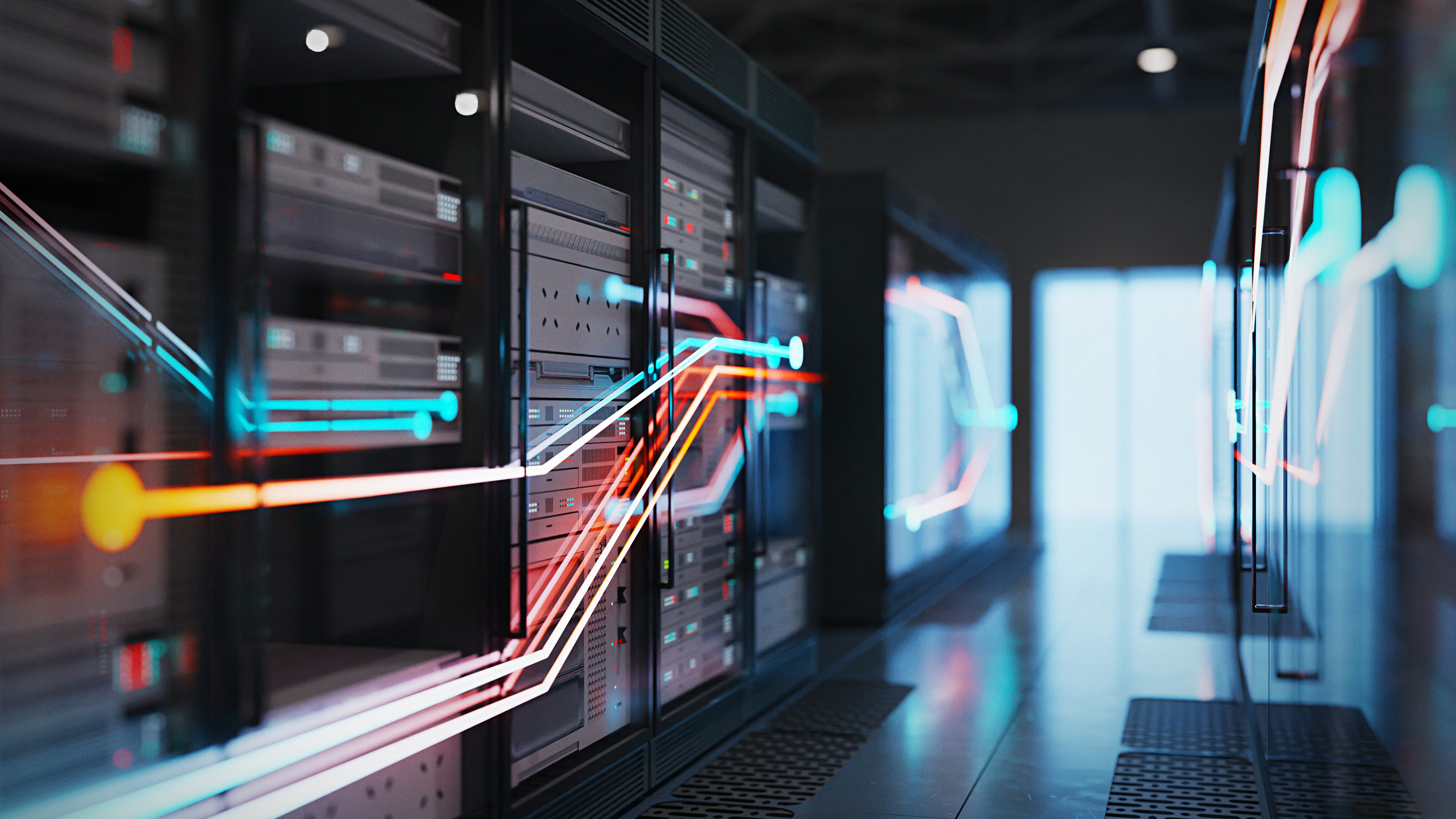 Rows of server racks in a modern data center, with glowing colored lines illustrating high-speed data flow and network connectivity.