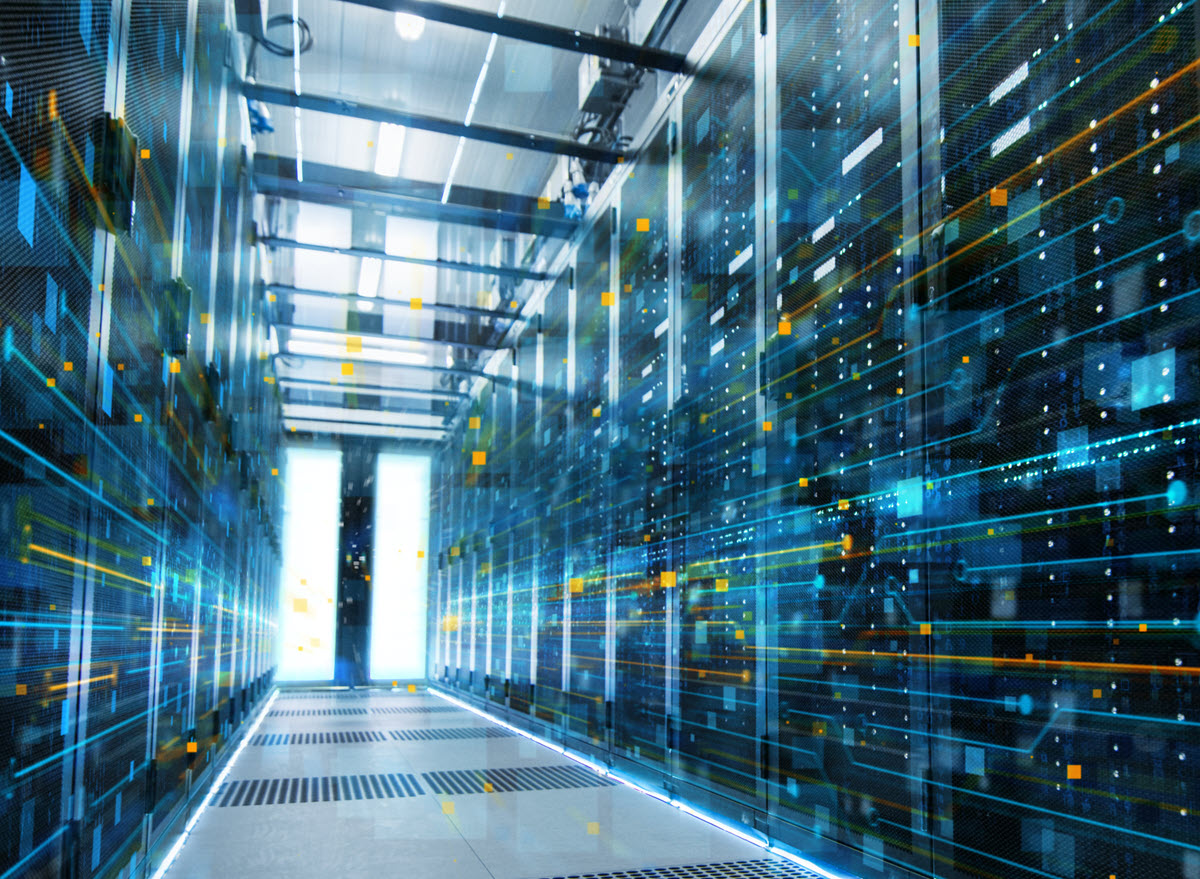 Working Data Center With Rows of Rack Servers Connected Lines