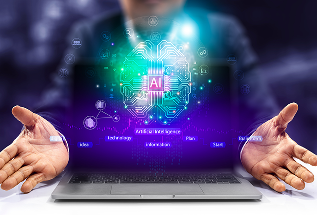 a laptop with an AI hologram in front of it