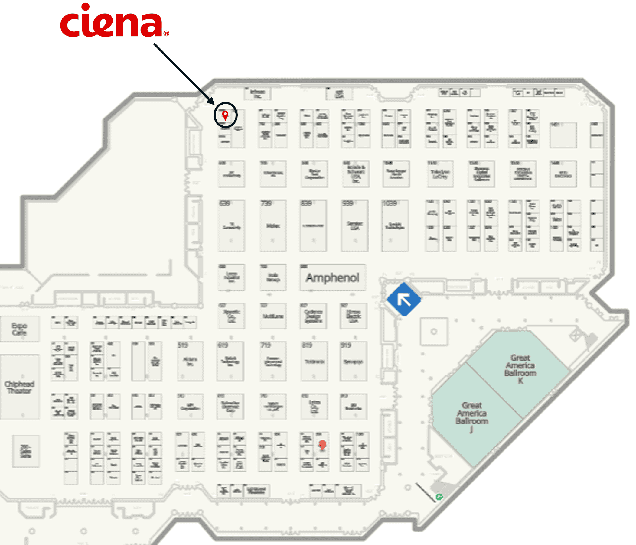 a map showing where Ciena's room is at DesignCon